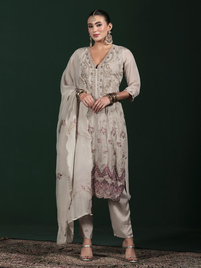 Women Organza Grey Embroidered Kurta Comfort Pant Dupatta.