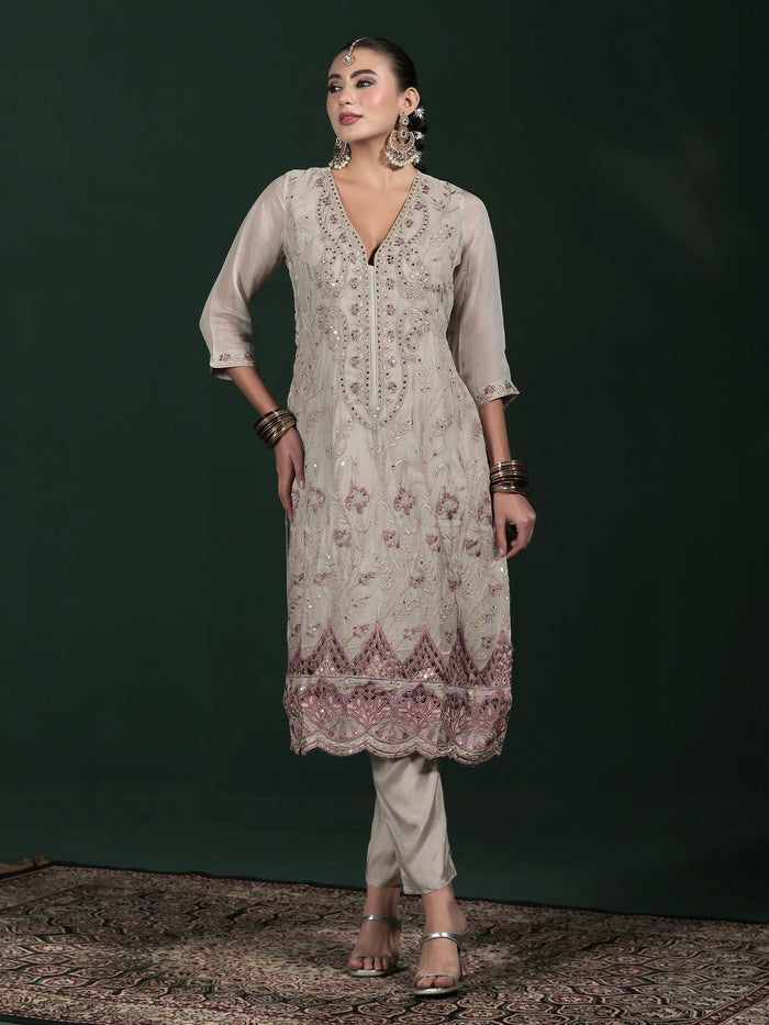 Women Organza Grey Embroidered Kurta Comfort Pant Dupatta.