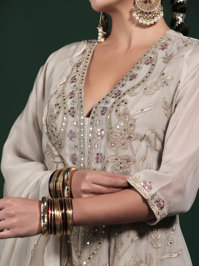 Women Organza Grey Embroidered Kurta Comfort Pant Dupatta.