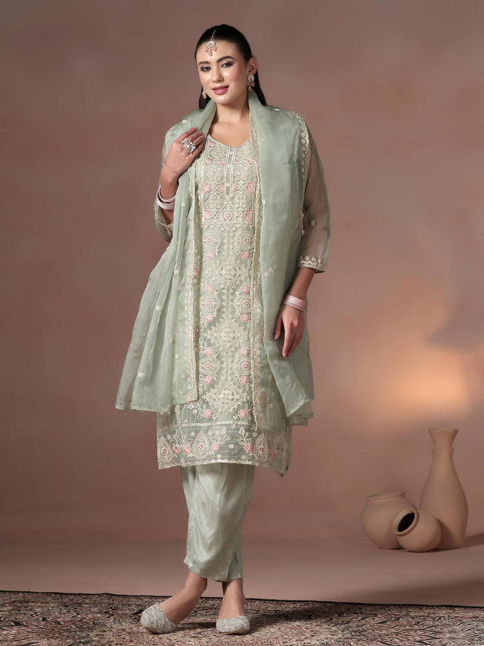 Women Organza Grey Embroidered Kurta Comfort Pant With Dupatta.