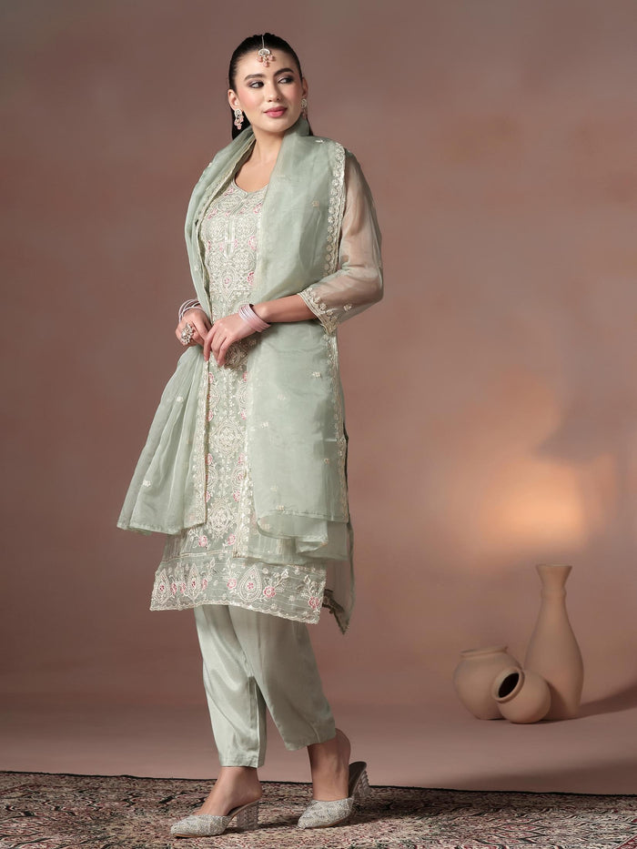 Women Organza Grey Embroidered Kurta Comfort Pant With Dupatta.