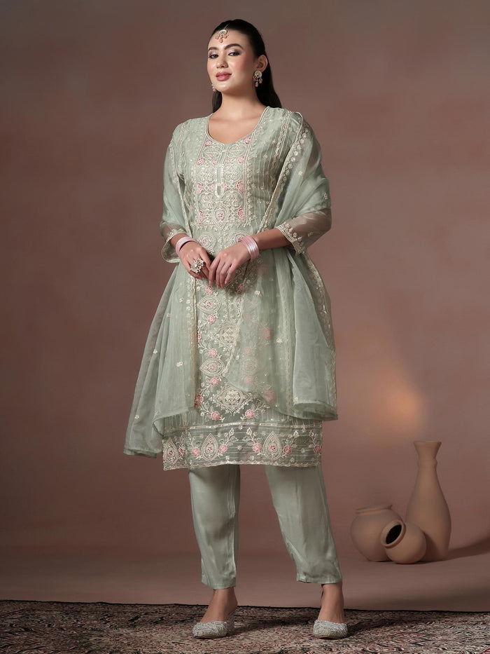 Women Organza Grey Embroidered Kurta Comfort Pant With Dupatta.