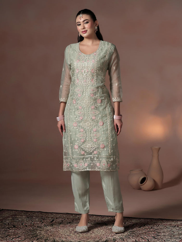 Women Organza Grey Embroidered Kurta Comfort Pant With Dupatta.