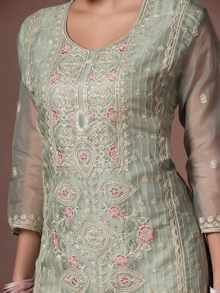 Women Organza Grey Embroidered Kurta Comfort Pant With Dupatta.