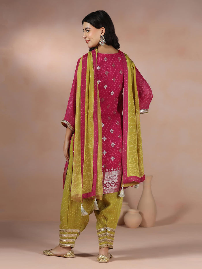 Women Organza Jacquard Pink Bandhani Print Kurta Salwar Dupatta.