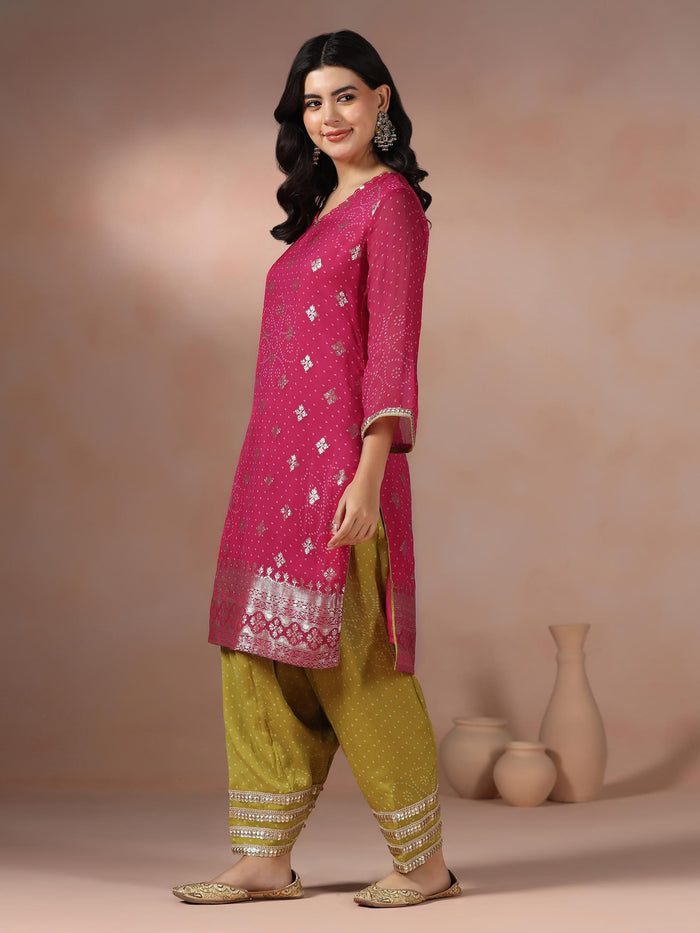 Women Organza Jacquard Pink Bandhani Print Kurta Salwar Dupatta.