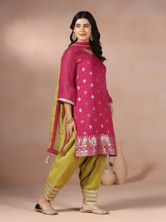 Women Organza Jacquard Pink Bandhani Print Kurta Salwar Dupatta.