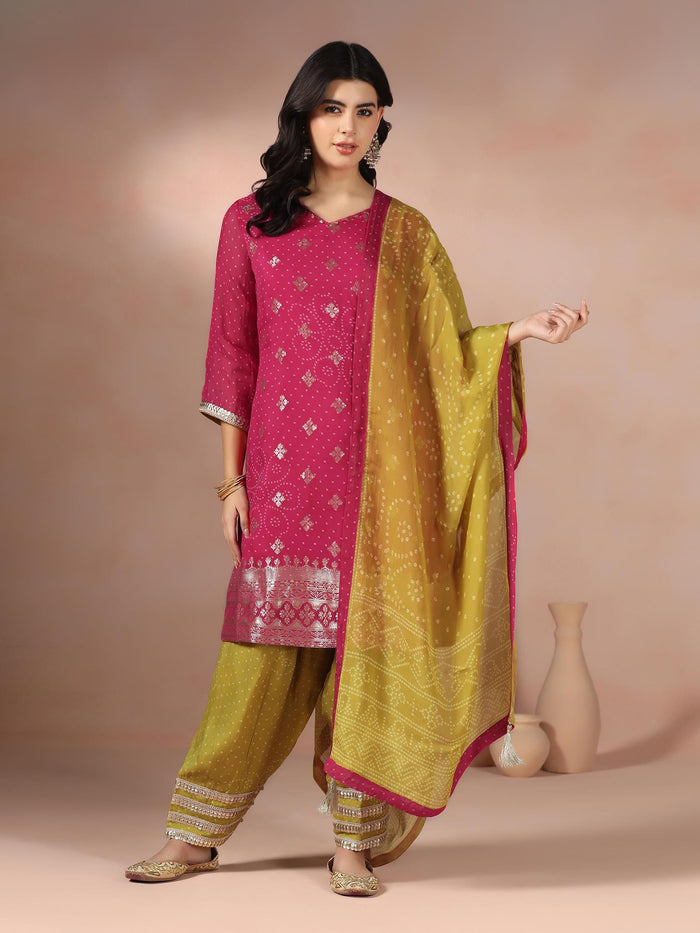 Women Organza Jacquard Pink Bandhani Print Kurta Salwar Dupatta.