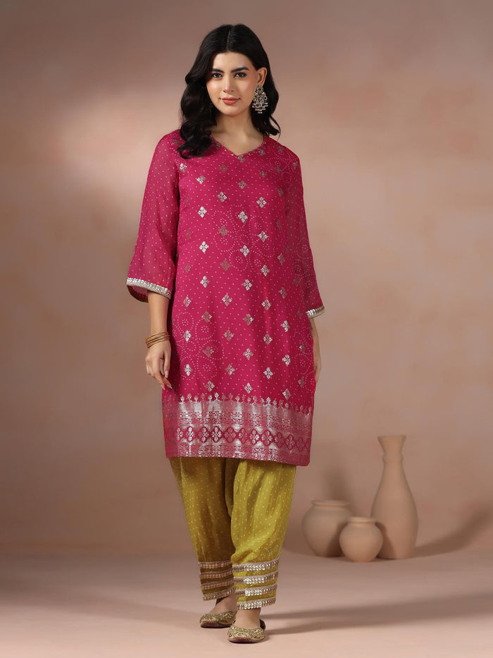 Women Organza Jacquard Pink Bandhani Print Kurta Salwar Dupatta.