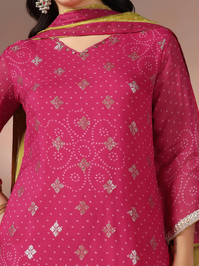 Women Organza Jacquard Pink Bandhani Print Kurta Salwar Dupatta.