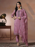 Women Organza Lilac Embroidered Kurta Comfort Pant Dupatta.