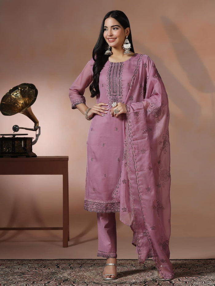Women Organza Lilac Embroidered Kurta Comfort Pant Dupatta.