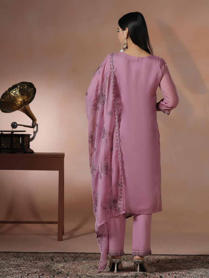 Women Organza Lilac Embroidered Kurta Comfort Pant Dupatta.