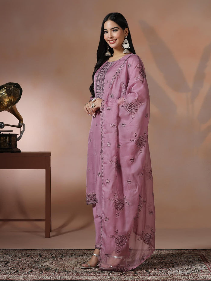 Women Organza Lilac Embroidered Kurta Comfort Pant Dupatta.