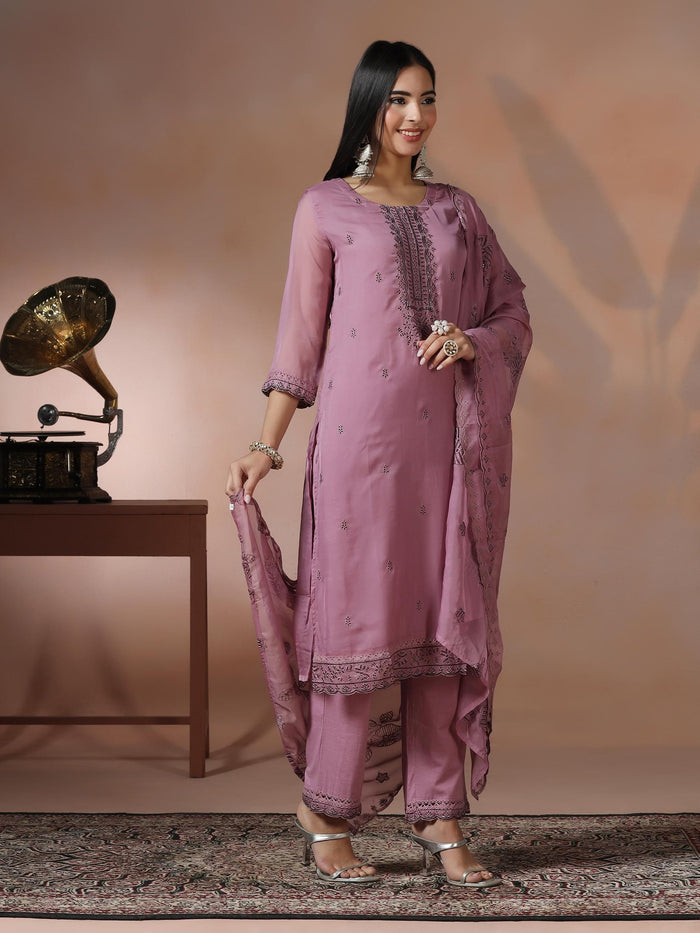Women Organza Lilac Embroidered Kurta Comfort Pant Dupatta.