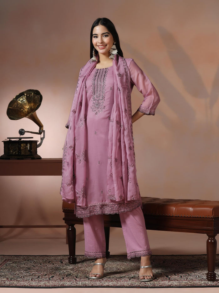 Women Organza Lilac Embroidered Kurta Comfort Pant Dupatta.
