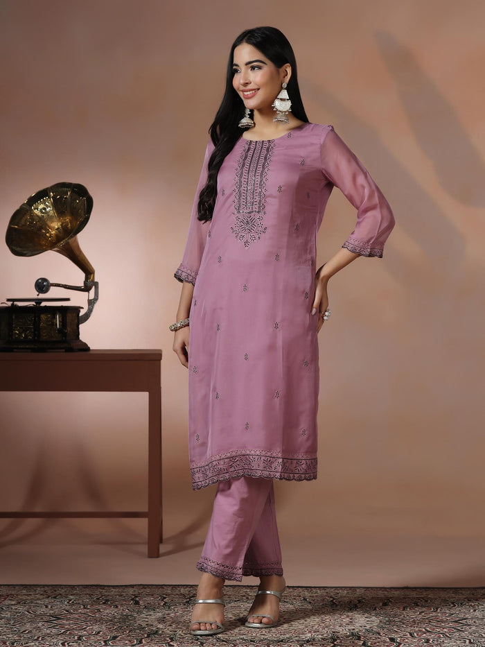 Women Organza Lilac Embroidered Kurta Comfort Pant Dupatta.