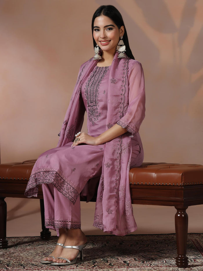 Women Organza Lilac Embroidered Kurta Comfort Pant Dupatta.