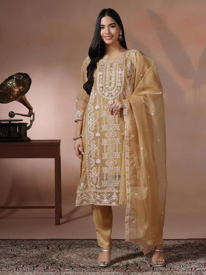 Women Organza Mustard Embroidered Kurta Comfort Pant Dupatta.