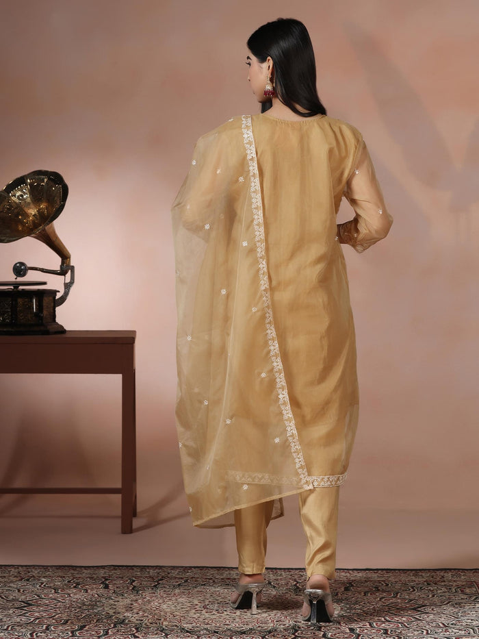 Women Organza Mustard Embroidered Kurta Comfort Pant Dupatta.
