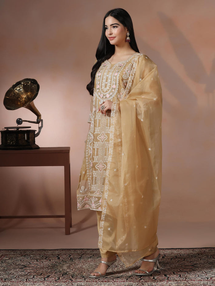Women Organza Mustard Embroidered Kurta Comfort Pant Dupatta.