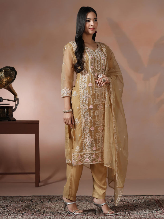 Women Organza Mustard Embroidered Kurta Comfort Pant Dupatta.