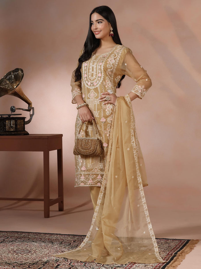 Women Organza Mustard Embroidered Kurta Comfort Pant Dupatta.