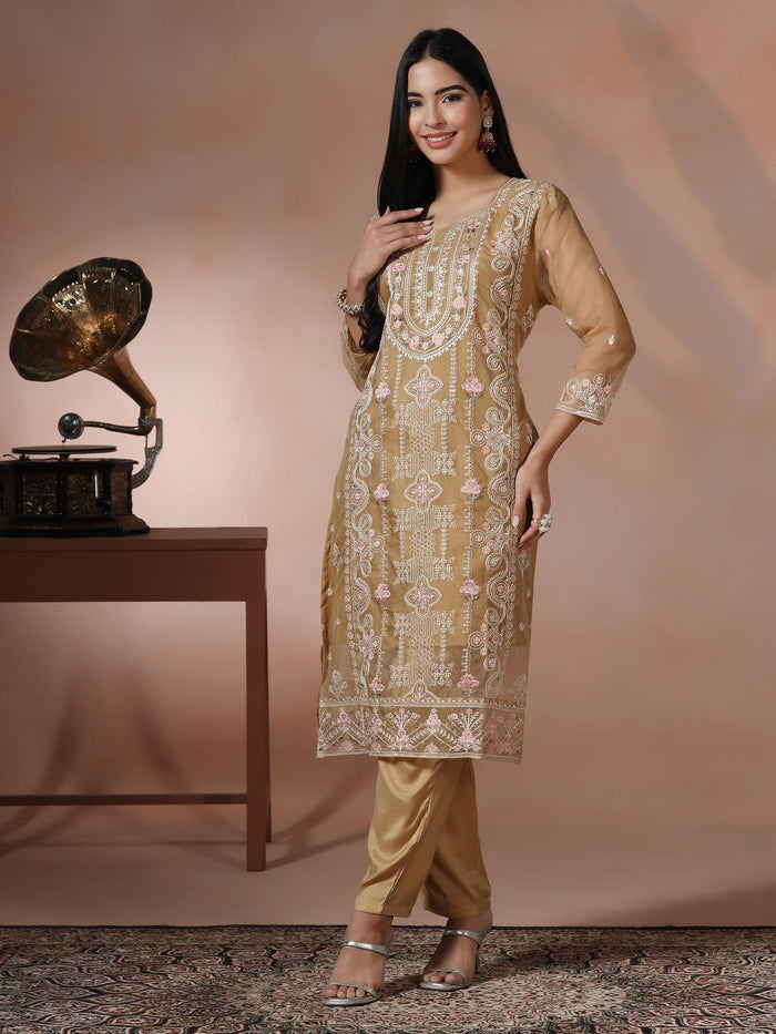 Women Organza Mustard Embroidered Kurta Comfort Pant Dupatta.