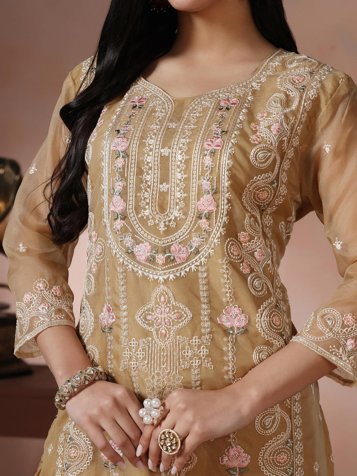 Women Organza Mustard Embroidered Kurta Comfort Pant Dupatta.