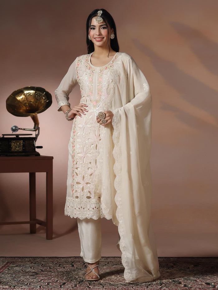 Women Organza Off White Embroidered Kurta Comfort Pant Dupatta.