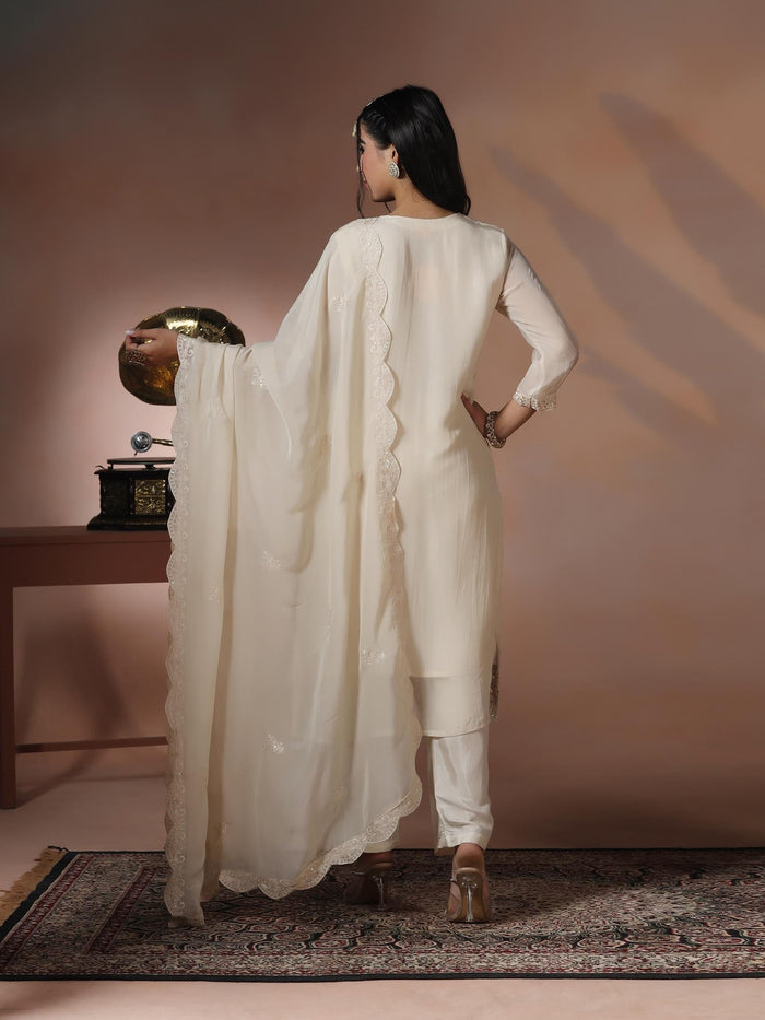 Women Organza Off White Embroidered Kurta Comfort Pant Dupatta.