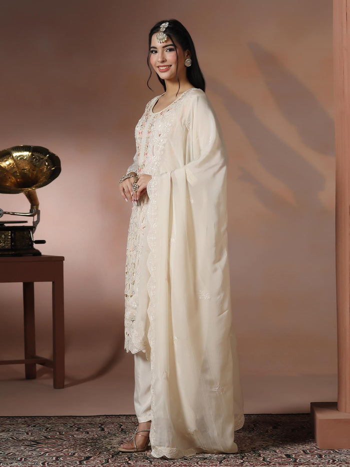 Women Organza Off White Embroidered Kurta Comfort Pant Dupatta.