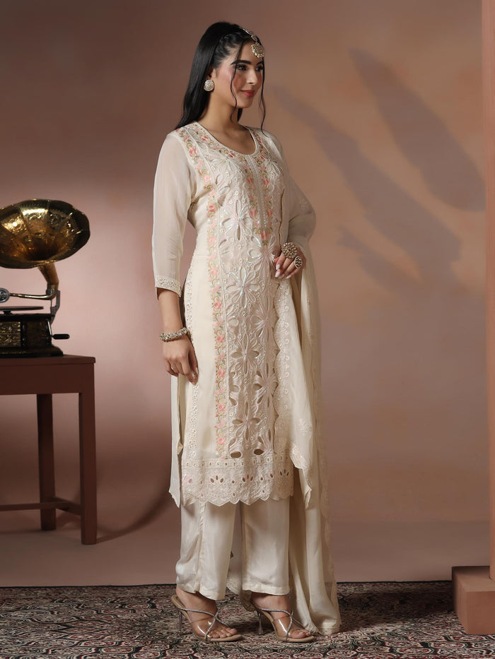 Women Organza Off White Embroidered Kurta Comfort Pant Dupatta.