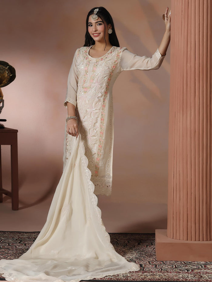 Women Organza Off White Embroidered Kurta Comfort Pant Dupatta.