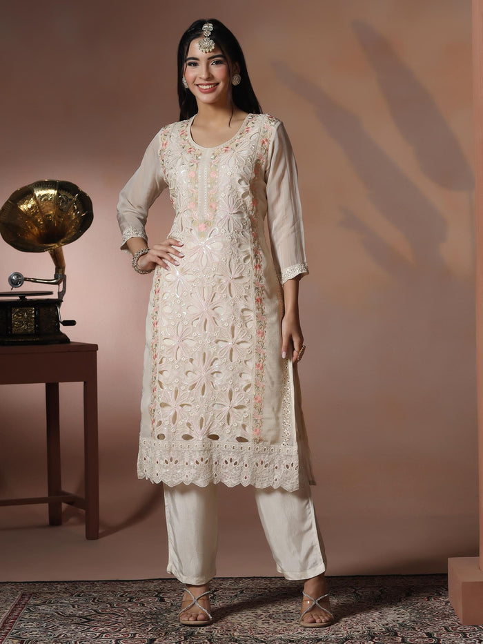 Women Organza Off White Embroidered Kurta Comfort Pant Dupatta.