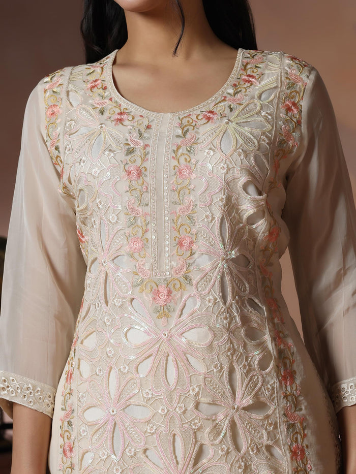 Women Organza Off White Embroidered Kurta Comfort Pant Dupatta.