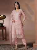 Women Organza Pink Embroidered Kurta Comfort Pant Dupatta.
