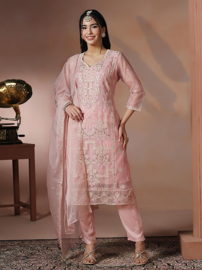 Women Organza Pink Embroidered Kurta Comfort Pant Dupatta.