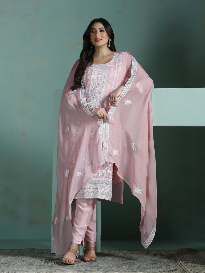 Women Organza Pink Embroidered Kurta Comfort Pant Dupatta.
