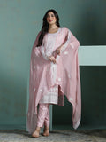 Women Organza Pink Embroidered Kurta Comfort Pant Dupatta.