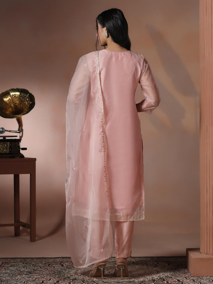 Women Organza Pink Embroidered Kurta Comfort Pant Dupatta.