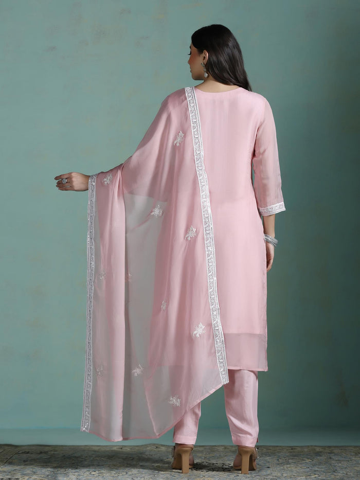 Women Organza Pink Embroidered Kurta Comfort Pant Dupatta.