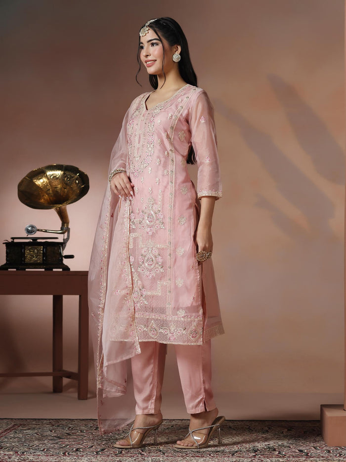 Women Organza Pink Embroidered Kurta Comfort Pant Dupatta.