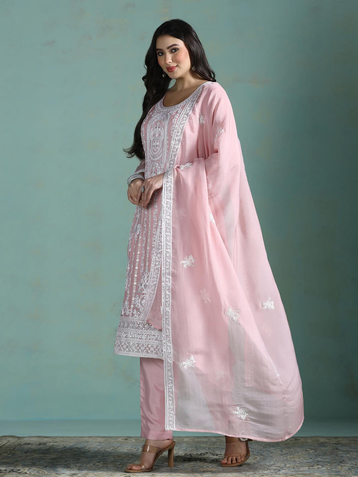 Women Organza Pink Embroidered Kurta Comfort Pant Dupatta.