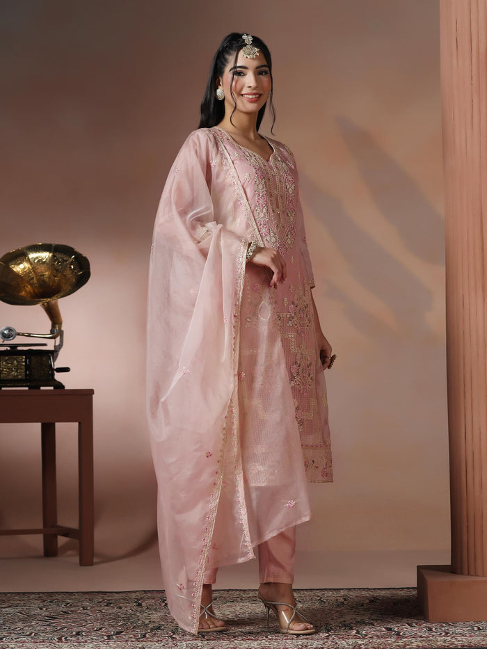 Women Organza Pink Embroidered Kurta Comfort Pant Dupatta.