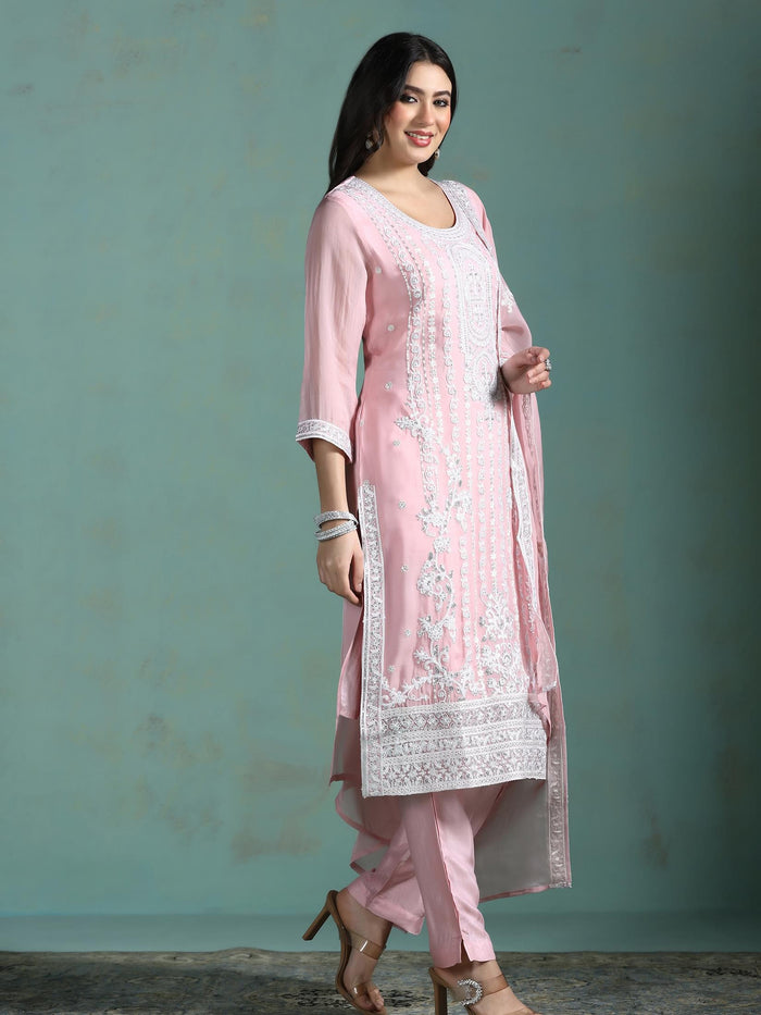 Women Organza Pink Embroidered Kurta Comfort Pant Dupatta.