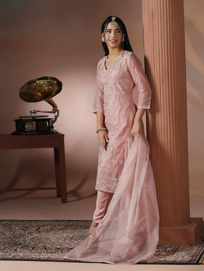 Women Organza Pink Embroidered Kurta Comfort Pant Dupatta.