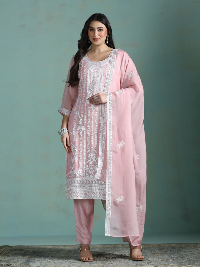 Women Organza Pink Embroidered Kurta Comfort Pant Dupatta.