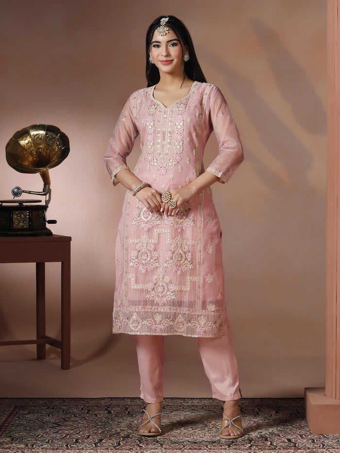 Women Organza Pink Embroidered Kurta Comfort Pant Dupatta.