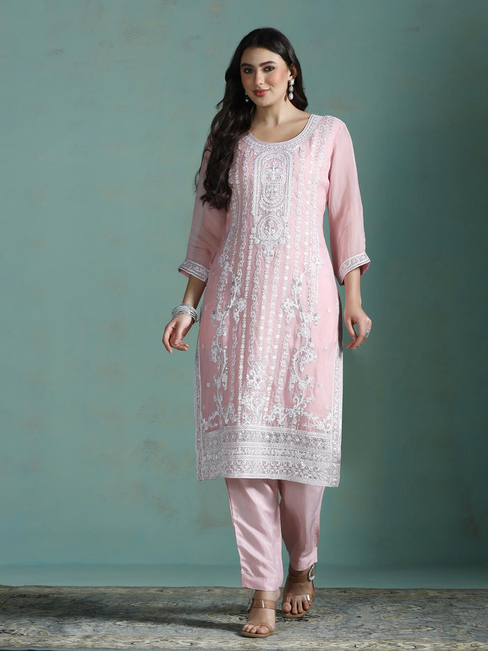 Women Organza Pink Embroidered Kurta Comfort Pant Dupatta.